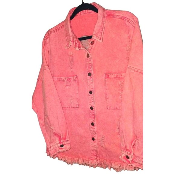 Vintage Pink Distressed Denim Jacket With Frayed Hem & Button Front Large - Picture 3 of 9